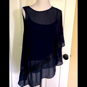 BEBE sheer one shoulder navy poncho